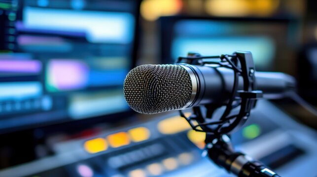 A professional microphone on an adjustable boom in the studio