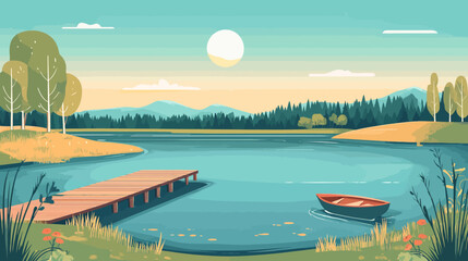 Naklejka premium A serene lake landscape, featuring a boat, dock, trees, mountains, and a large sun in the sky