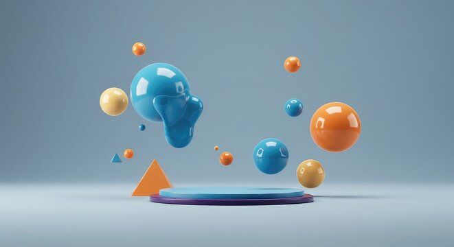 Vibrant melting spheres and sharp angular structures defy gravity in this impossible perspective dreamscape against a smooth, empty horizon background, composition, sphere, abstract