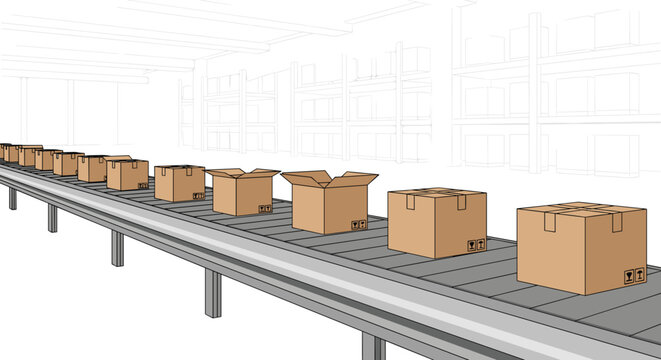 A long industrial conveyor belt carries a sequence of open and closed brown cardboard boxes through a minimalist warehouse setting with faint shelf outlines.