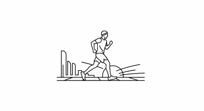 Stylized line art of a runner in a city with a sunrise
