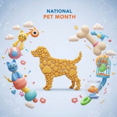 Naklejka premium 3D illustration celebrating National Pet Month with various animal toys