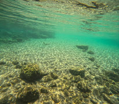 Underwater image of the waters of the Mediterranean Sea at the island of La Maddalena, a short distance from Palau in Sardinia, Italy