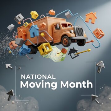 Retro moving truck with colorful houses and boxes for National Moving Month