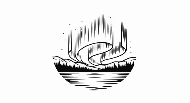 Stylized night sky aurora borealis over serene water, trees, and mountains