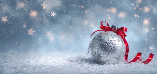 Fototapeta premium The Silver Christmas Ornament with Red Ribbon on Snowy Surface and Starry Bokeh
