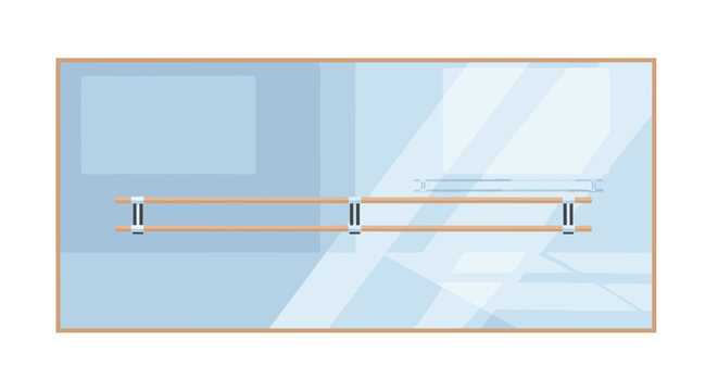 A pristine ballet studio features a horizontal wooden barre mounted against a large reflective mirror under soft blue ambient lighting in a minimalist room.