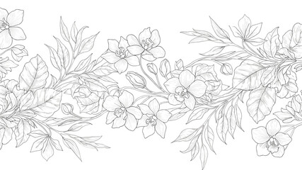 Fototapeta premium Horizontal seamless border of hand drawn orchid flowers and leaves in a delicate black and white line art illustration.