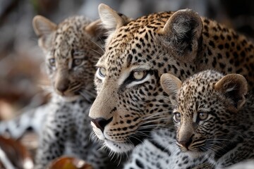 Fototapeta premium Portrait of a leopard with its cubs