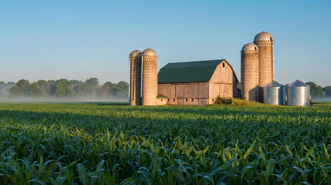Peaceful farm scene at early morning with a classic barn, tall silos, and a vibrant cornfield under a light mist