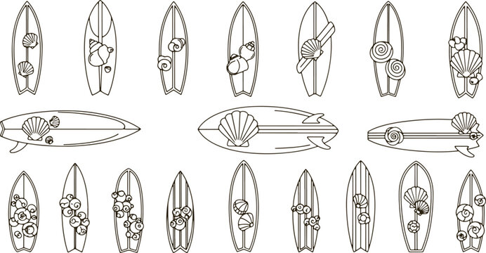 Collection of stylized surfboards with seashell and swirl decorations, outline art.