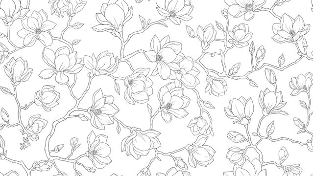 Delicate black and white seamless pattern of magnolia tree branches with large blossoms and buds in a line art style.