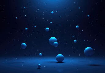 Fototapeta premium Abstract dark blue background featuring numerous soft floating illuminated spheres and subtle particle effects, creating a deep, mysterious visual space, futuristic, ethereal, blue
