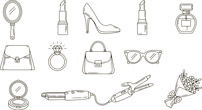 Outline icons of beauty accessories mirror lipstick high heel handbag ring glasses perfume.