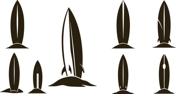 Collection of brown surfboard silhouettes standing on sand on transparent background vector art.
