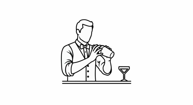 Stylized bartender shaking cocktail over bar with martini glass