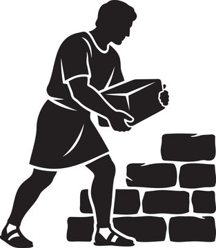 Historical Silhouette of a Strong Worker Building a Stone Wall Carrying Bricks Representing Ancient Architecture Construction Labor Hard Work Masonry Civilization Development Industry Craftsmanship an