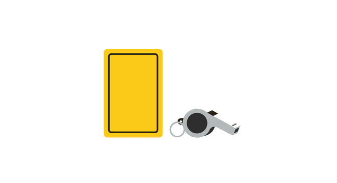 A vibrant yellow penalty card stands upright beside a polished silver referee whistle featuring a black mouthpiece against a clean and minimalist white backdrop.