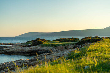 Golden hour illuminates a rocky coastline with lush green grass and calm blue sea © Zafergulec