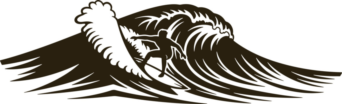 Silhouette of surfer riding breaking ocean wave, dramatic water splash and powerful movement.