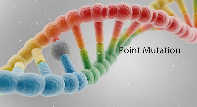 The illustration depicts a colorful DNA double helix structure undergoing a point mutation, twisting and turning in a laboratory setting with scientific precision and a close-up viewpoint.