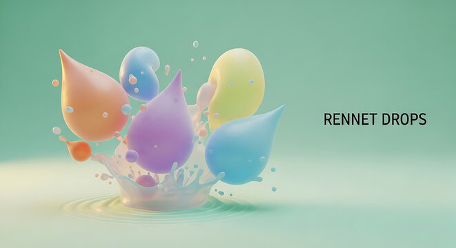 Vibrant colorful liquid droplets splash and merge in a mesmerizing display of fluid dynamics and light on a smooth surface with rennet drops.