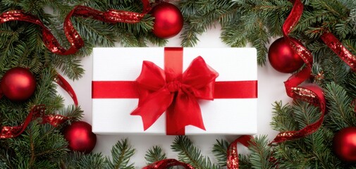 Fototapeta premium The gift box with red ribbon surrounded by fir branches and ornaments