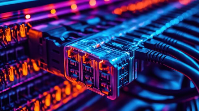 Close up of a fiber optic transceiver array in server rack