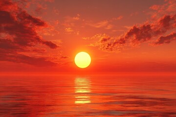Fototapeta premium Fiery sun descends over calm ocean, painting sky and sea with vibrant, warm hues