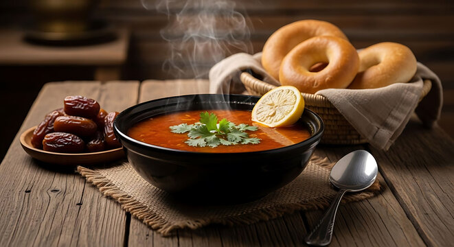 Traditional Harira soup with steaming bowl of tomato lentil stew, Moroccan Ramadan meal with dates and fresh bread on rustic wooden table