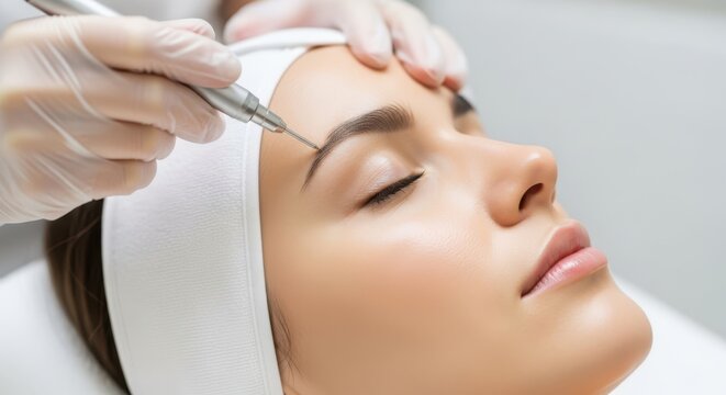 Closeup of a woman receiving a professional eyebrow microblading or permanent makeup treatment in a beauty salon