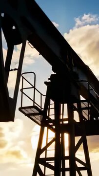 Vertical video: Shifting cam showing tall crane tilting near sun at yard, catwalk revealing sunstar
