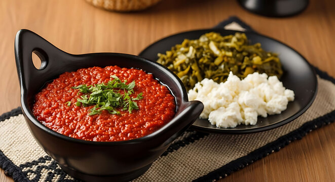 Ethiopian Misir Wot spicy red lentil stew, traditional African cuisine with gomen greens and ayib cheese, authentic Ethiopian food on black ceramic