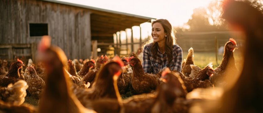 The woman feeding free-range chickens on a sunny rustic farm during golden hour