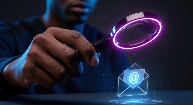 Close-up of young Black male examining high-tech LED-edged magnifying glass over holographic envelope email icon in dark studio.