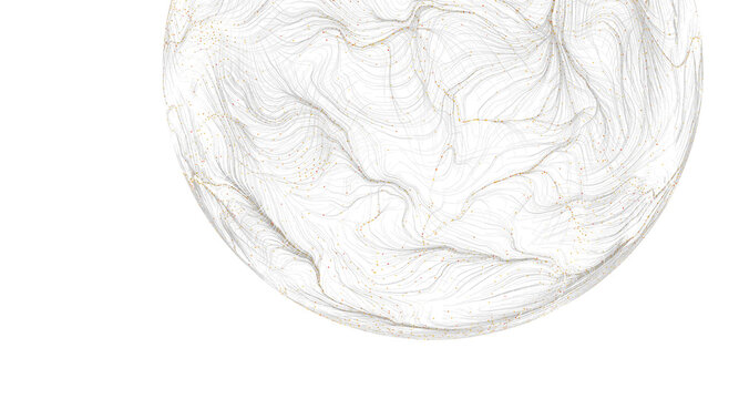 Abstract design of a sphere made of lines and dots, clean and modern on white background.