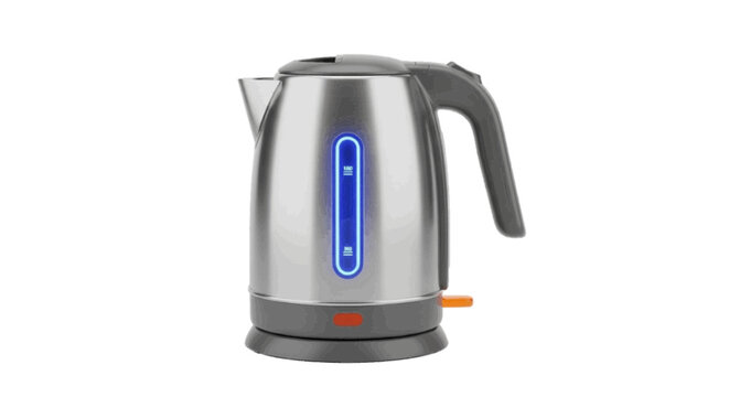 Vector illustration&nbsp;of stainless steel electric kettle with blue led indicator on a transparent background