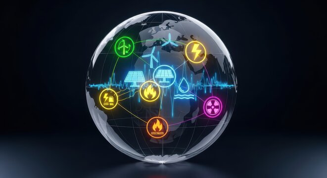Glowing energy icons encircle a transparent globe representing global power generation concepts.