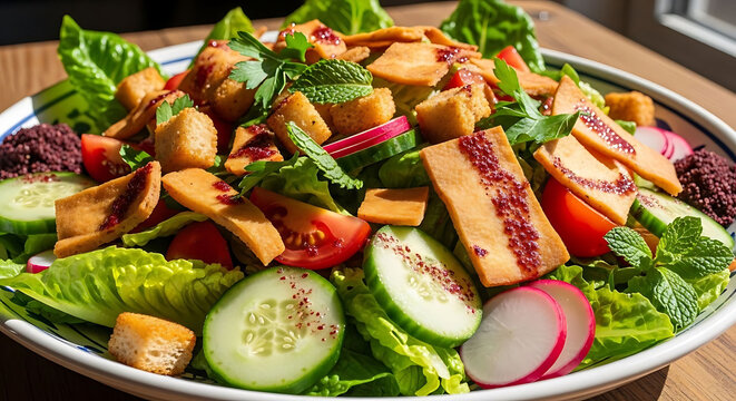 Traditional Fattoush salad with crispy pita bread, fresh Mediterranean vegetable salad with sumac, healthy Lebanese appetizer bowl