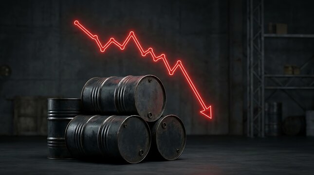 Declining global oil prices concept with industrial barrels and downward financial graph showing energy market instability and recession risk