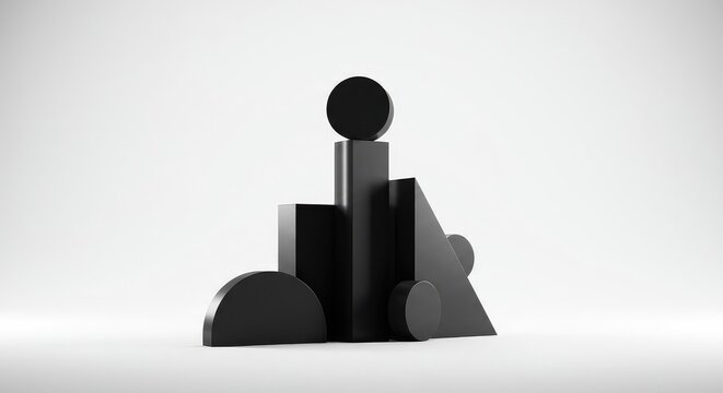 A stark geometric composition featuring heavy, unbalanced shapes arranged unevenly against a bright, expansive white background, form, shadow, minimalist