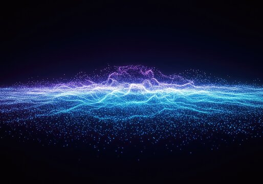 A vast, abstract plane covered in dynamic, swirling blue and purple light particles representing an intense energy field or powerful cosmic force, plasma, neon, illustration