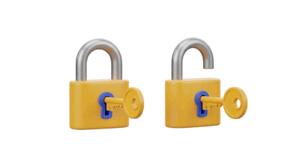 Naklejka premium Vector illustration&nbsp;of two yellow padlocks with keys, one locked and one unlocked, on a transparent background