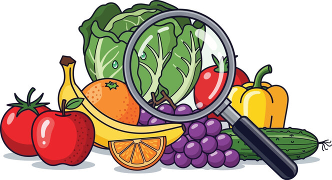 Magnifying glass focuses on fresh green cabbage leaves among a variety of fruits and vegetables, representing healthy eating and inspection.