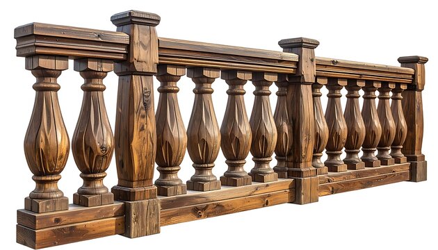 Ornate wooden railing, rich brown tones, bulbous spindles, thick posts, against bright white background