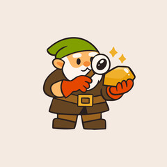 Naklejka premium Gnome Miner with magnifying glass looks on gold nugget. Cute little character. Hand drawn Vector illustration. Isolated design element. Treasure mine, mobile game concept