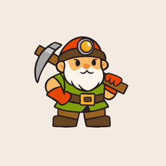 Naklejka premium Gnome Miner with pickaxe, helmet, gloves, white beard. Cute little character. Hand drawn Vector illustration. Isolated design element. Treasure mine, mobile game concept