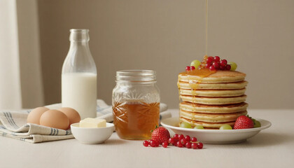 Breakfast ingredients with eggs milk butter and delicious pancakes