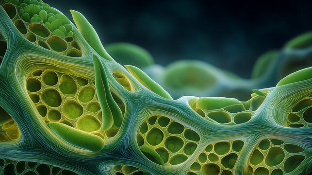 3D Macro Stomata Opening on Plant Leaf Epidermis Showing Guard Cells and Stomatal Pores in Fresh Green on Dark Background, Botany Plant Physiology Science Stock Image