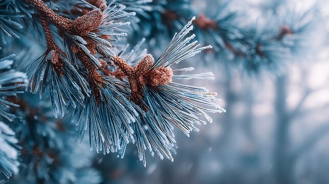 Icy pine needles glistening with delicate frost crystals, a serene winter scene with a soft, blurred background and cool, muted tones.